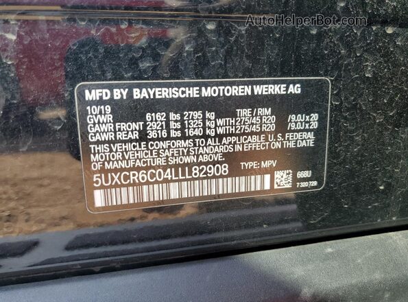 5UXCR6C04LLL82908 2020 BMW X5 Black VIN կոդի պիտակի տեսք