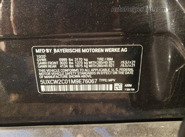5UXCW2C01M9E76067 2021 BMW X7 Black Vista de la etiqueta del VIN