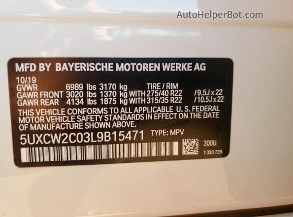 5UXCW2C03L9B15471 2020 BMW X7 White Widok naklejki z numerem VIN