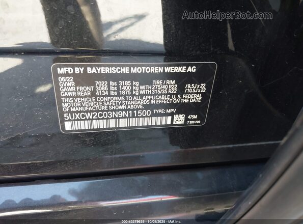 5UXCW2C03N9N11500 2022 BMW X7 Black Вид підкапотного простору