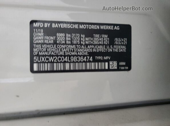5UXCW2C04L9B36474 2020 BMW X7 White VIN կոդի պիտակի տեսք
