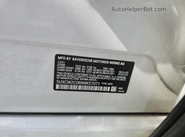 5UXCW2C06N9K57071 2022 BMW X7 White VIN sticker view
