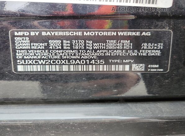5UXCW2C0XL9A01435 2020 BMW X7 Black Widok naklejki z numerem VIN