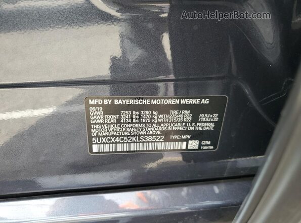 5UXCX4C52KLS38522 2019 BMW X7 Gray Vista de la etiqueta del VIN