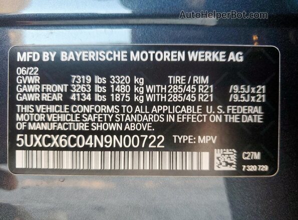 5UXCX6C04N9N00722 2022 BMW X7 Gray VIN sticker view