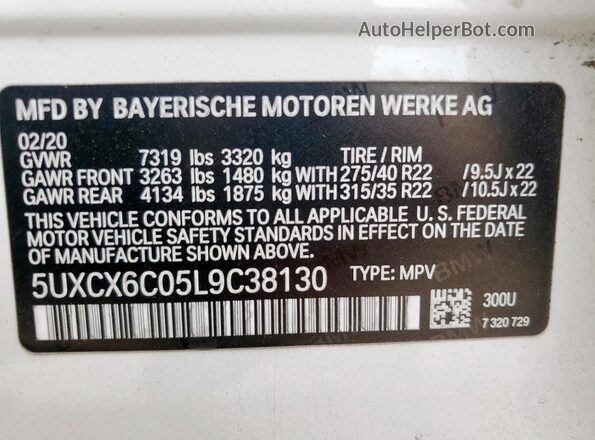 5UXCX6C05L9C38130 2020 BMW X7 White Вид наклейки з VIN-кодом