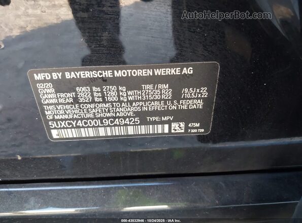 5UXCY4C00L9C49425 2020 BMW X6 Черный Вид подкапотного пространства