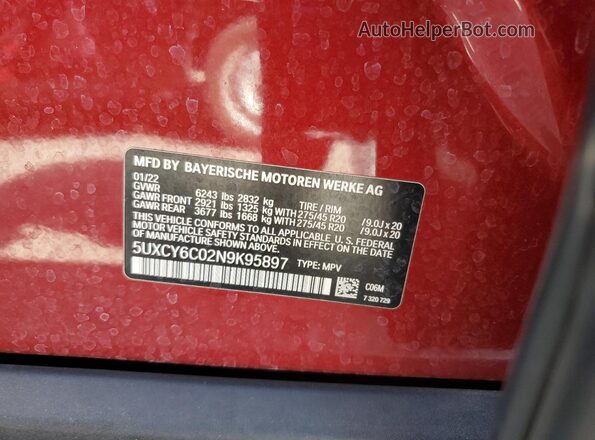 5UXCY6C02N9K95897 2022 BMW X6 Red Vista de la etiqueta del VIN