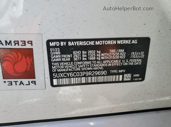 5UXCY6C03P9R29690 2023 BMW X6 White Widok wnętrza 360 stopni