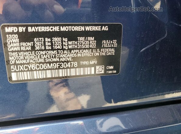 5UXCY6C06M9F30478 2021 BMW X6 Blue Սալոնի 360 աստիճան տեսք