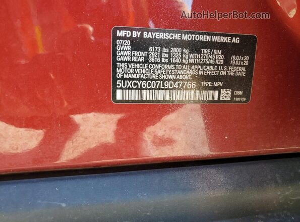 5UXCY6C07L9D47766 2020 BMW X6 Red VIN კოდის სტიკერის ხედი