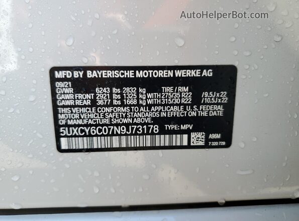 5UXCY6C07N9J73178 2022 BMW X6 White VIN sticker view