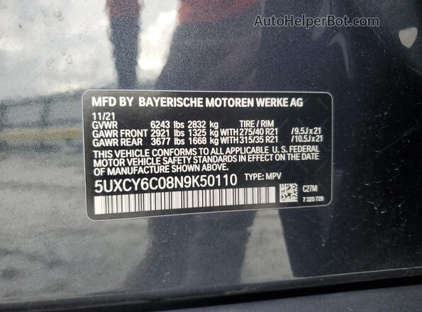 5UXCY6C08N9K50110 2022 BMW X6 Gray VIN კოდის სტიკერის ხედი