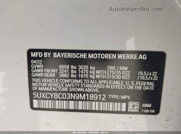 5UXCY8C03N9M18912 2022 BMW X6 White Vista del compartimento del motor