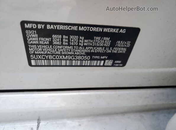 5UXCY8C0XM9G38050 2021 BMW X6 White Widok naklejki z numerem VIN