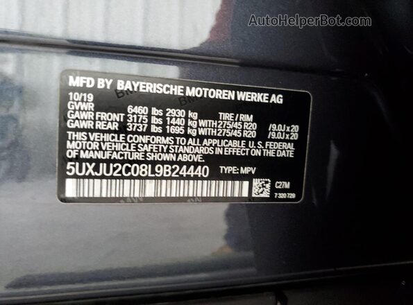 5UXJU2C08L9B24440 2020 BMW X5 Gray Вид наклейки з VIN-кодом