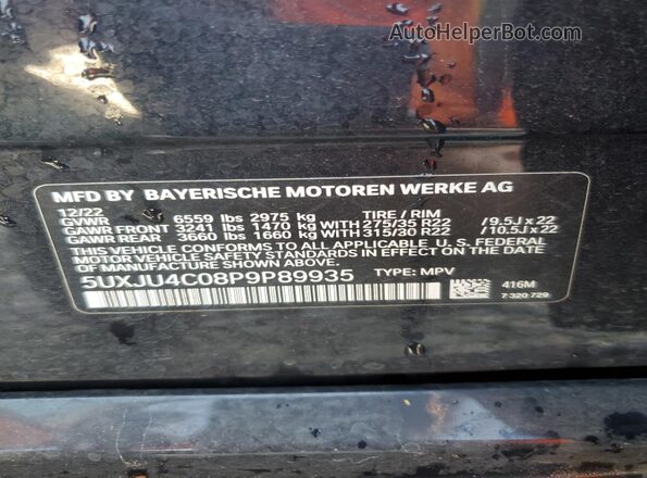 5UXJU4C08P9P89935 2023 BMW X5 Black Vista de la etiqueta del VIN