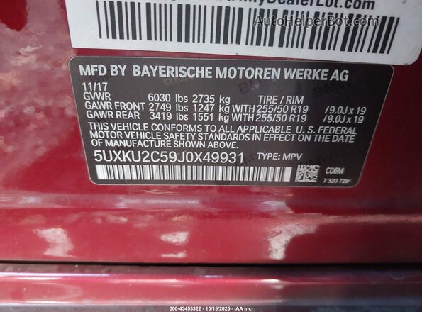 5UXKU2C59J0X49931 2018 BMW X6 Красный 