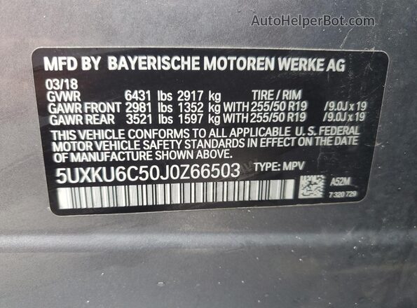 5UXKU6C50J0Z66503 2018 BMW X6 Gray Vista de la etiqueta del VIN