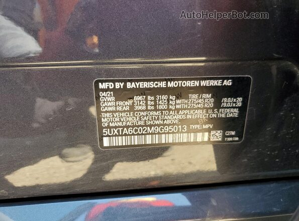 5UXTA6C02M9G95013 2021 BMW X5 Charcoal VIN კოდის სტიკერის ხედი