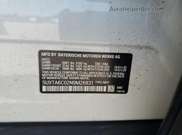 5UXTA6C02N9M26931 2022 BMW X5 Белый Вид наклейки с VIN-кодом