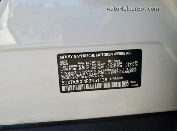 5UXTA6C04P9N61136 2023 BMW X5 White VIN კოდის სტიკერის ხედი