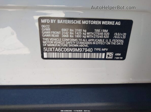 5UXTA6C06N9M97940 2022 BMW X5 White Вид підкапотного простору