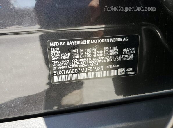 5UXTA6C07M9F51926 2021 BMW X5 Gray VIN sticker view