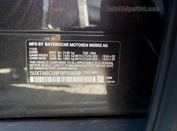 5UXTA6C09P9P55659 2023 BMW X5 Black Vista interior de 360 grados