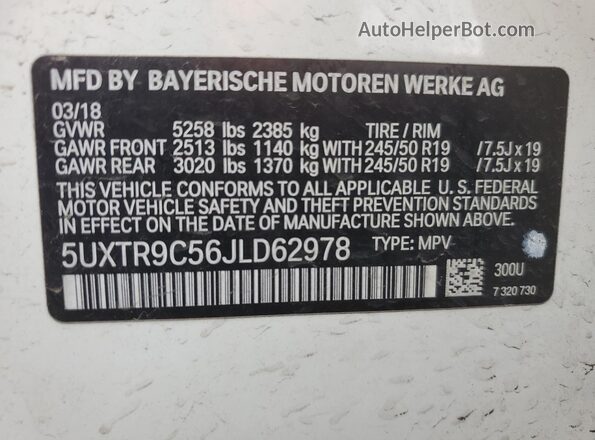 5UXTR9C56JLD62978 2018 BMW X3 Белый 