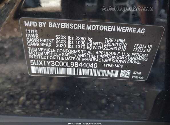 5UXTY3C00L9B44040 2020 BMW X3 Черный Вид подкапотного пространства