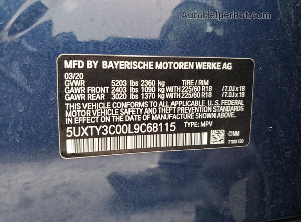 5UXTY3C00L9C68115 2020 BMW X3 Синий Вид наклейки с VIN-кодом