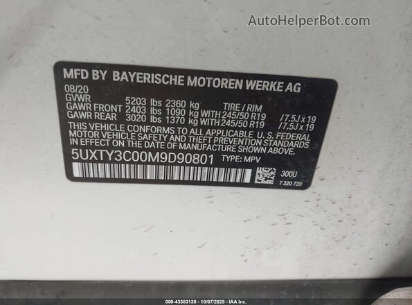 5UXTY3C00M9D90801 2021 BMW X3 White Engine compartment view