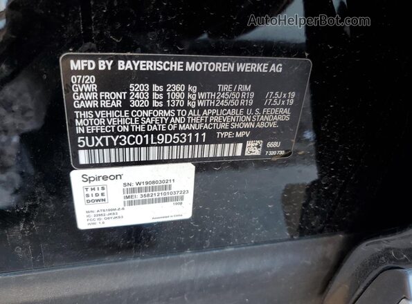 5UXTY3C01L9D53111 2020 BMW X3 Black Vista interior de 360 grados