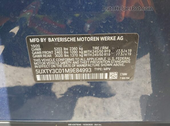 5UXTY3C01M9E84993 2021 BMW X3 Blue 