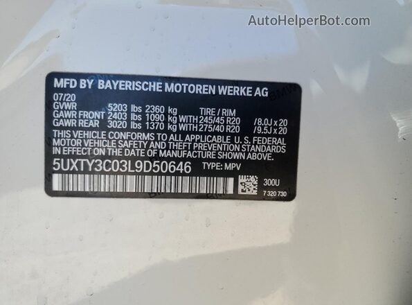 5UXTY3C03L9D50646 2020 BMW X3 White Widok wnętrza 360 stopni