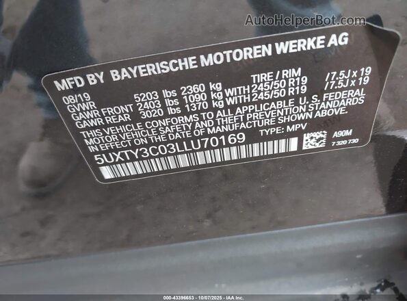 5UXTY3C03LLU70169 2020 BMW X3 Gray Շարժիչի բաժամունքի տեսք