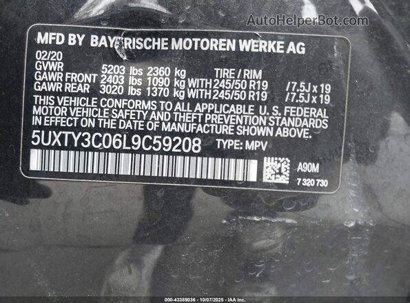 5UXTY3C06L9C59208 2020 BMW X3 Black ძრავის განყოფილების ხედი