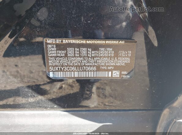 5UXTY3C06LLU70666 2020 BMW X3 Black Widok komory silnika