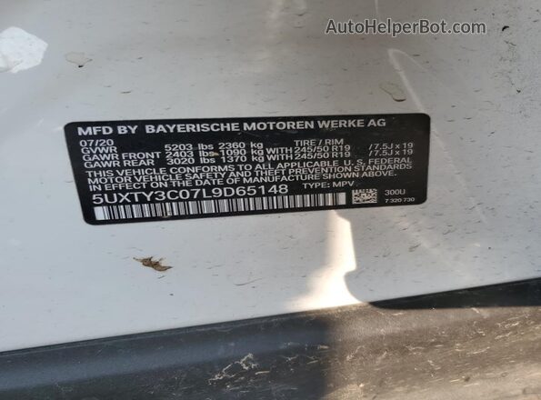 5UXTY3C07L9D65148 2020 BMW X3 Белый Вид наклейки с VIN-кодом