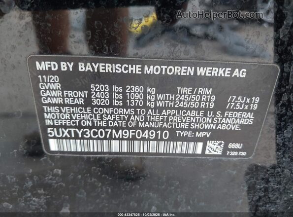 5UXTY3C07M9F04910 2021 BMW X3 Black Շարժիչի բաժամունքի տեսք