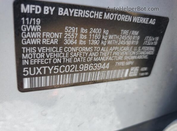 5UXTY5C02L9B63944 2020 BMW X3 Gray VIN sticker view
