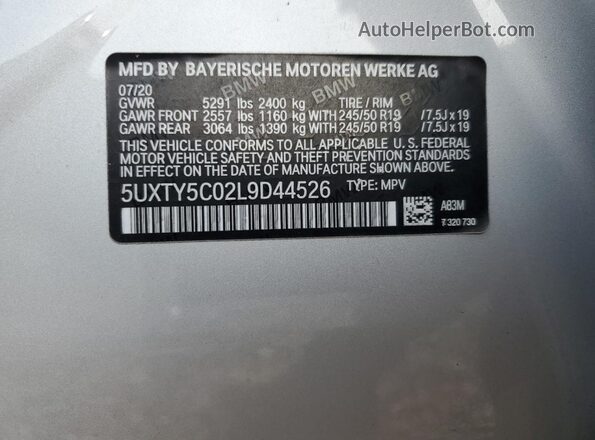 5UXTY5C02L9D44526 2020 BMW X3 Silver VIN կոդի պիտակի տեսք