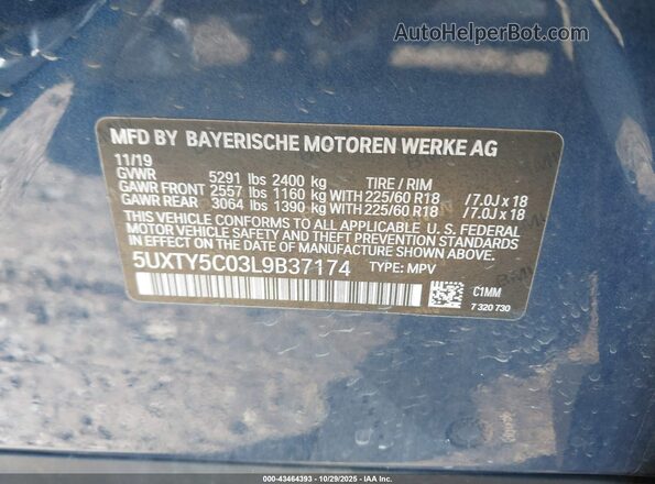 5UXTY5C03L9B37174 2020 BMW X3 Blue Vista del compartimento del motor