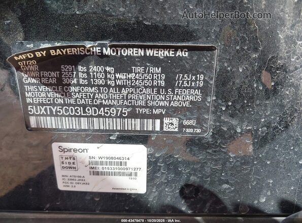 5UXTY5C03L9D45975 2020 BMW X3 Black Widok komory silnika