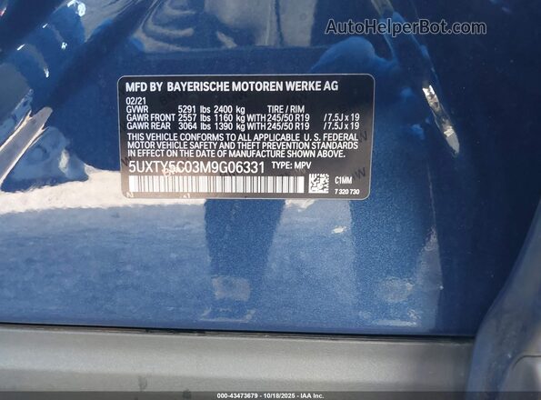 5UXTY5C03M9G06331 2021 BMW X3 Blue ძრავის განყოფილების ხედი