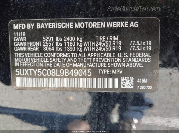 5UXTY5C08L9B49045 2020 BMW X3 Black Engine compartment view