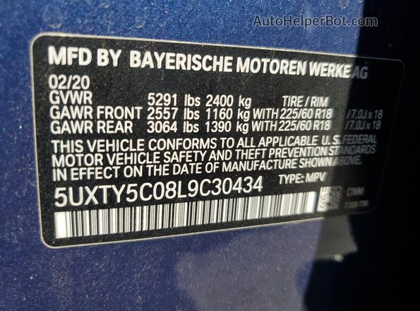 5UXTY5C08L9C30434 2020 BMW X3 Blue Engine compartment view