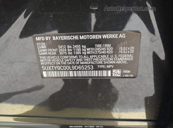5UXTY9C00L9D65253 2020 BMW X3 Black Engine compartment view