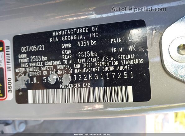 5XXG64J22NG117251 2022 KIA K5 Gray ძრავის განყოფილების ხედი